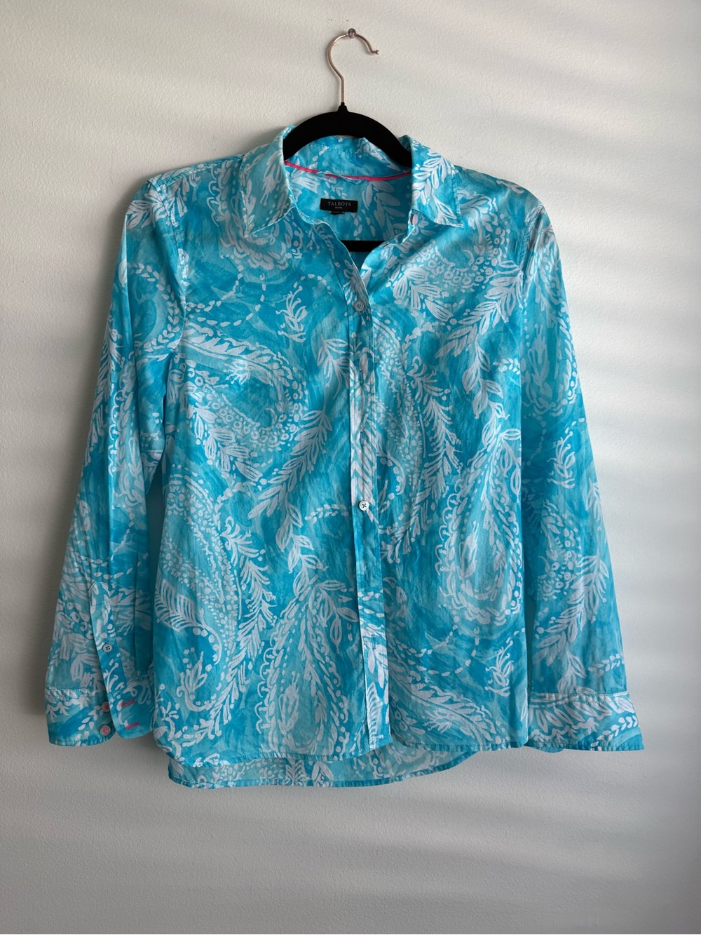 Talbots Petite MP Turquoise Blue Floral Paisley Button Front Blouse